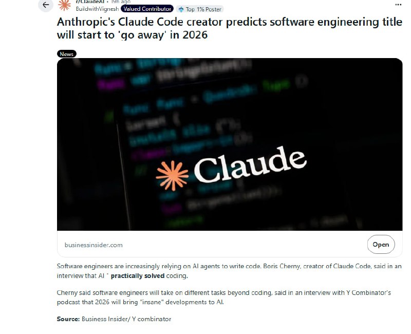 AI编程异军突起，世上再无软件工程师？| 帖子Anthropic旗下Claude  Code的创始人Boris Cherny最近在接受采访时宣称，AI“实际上已经解决了编程问题”，并预测2026年软件工程师这个职位将开始消失