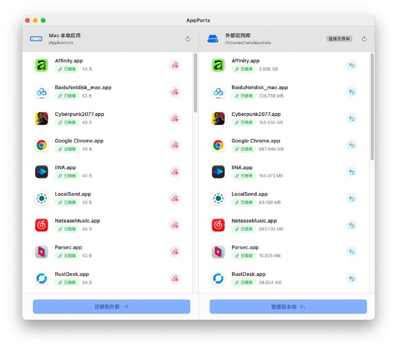 #macOS #APP #GitHub情报📦 AppPorts：将 Mac 软件优雅的转移到移动硬盘里🔗：GitHub | Releases👉 Features• 一键将几十 GB 的大型应用（如 Logic Pro, Xcode, 游戏等）迁移至外置硬盘• 采用 Contents 目录链接方案，专为适配 macOS 机制设计• 自动识别并锁定系统应用，防止误操作破坏系统• 迁移前检测运行状态，防止损坏正在运行的应用• 便捷的还原机制• 原生 SwiftUI 开发，多语言支持💡 原理在本地保留 .app 文件夹结构，将内部的 Contents 数据目录链接至外部存储