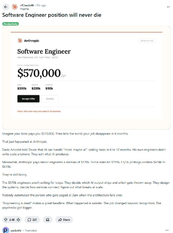 开价57万年薪，offer上却标注“此职位12个月内可能不复存在” | 帖子Anthropic给软件工程师开出57万美元年薪，同时CEO公开宣称AI将在6至12个月内接管大部分编程工作