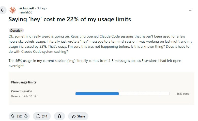 一句“嘿”吞掉22%用量配额，Claude的计费逻辑你可能从没搞清楚 | 帖子用户发现对一个久置的Claude Code会话发了句“hey”，用量暴涨22%